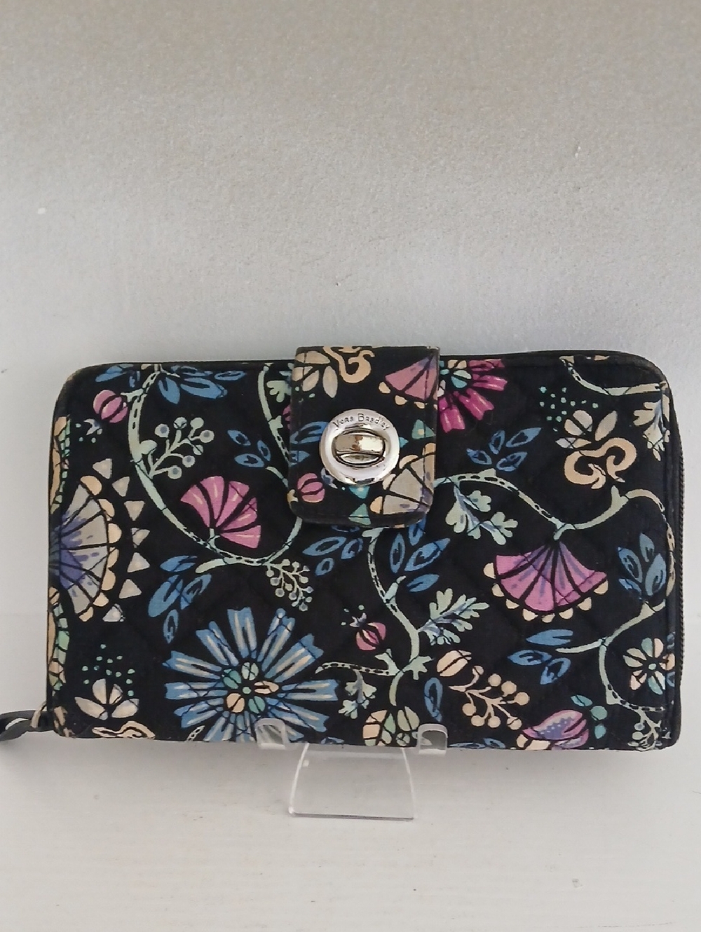 Vera Bradley Black Quilted Floral Zip Wallet with Pastel Blooms